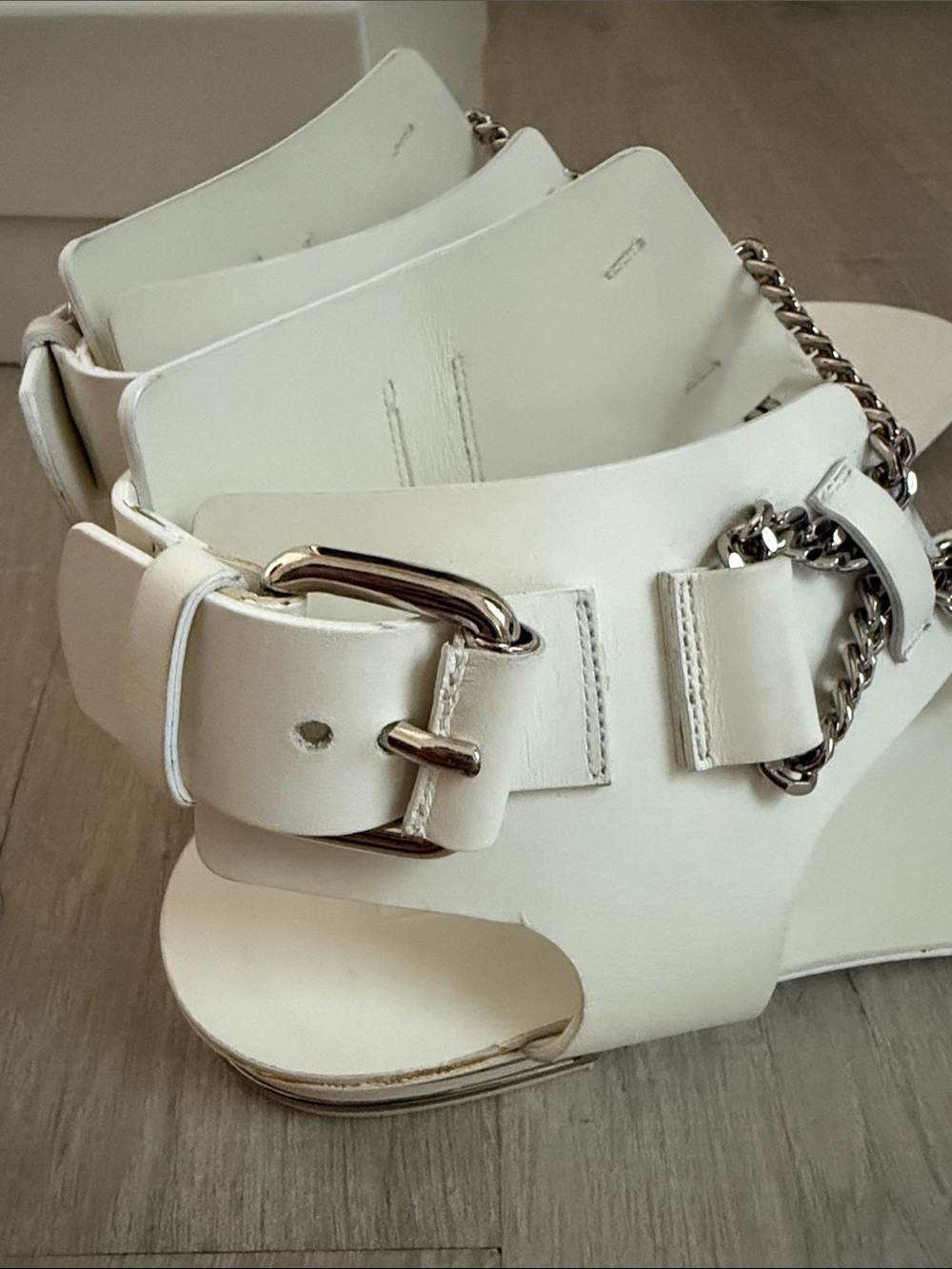 White Chain-Accent Casadei Women's T-Strap Sandals - Picture 16 of 17